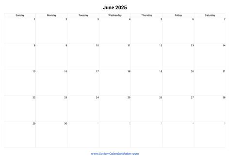 June 2025 Landscape Calendar With Large Boxes | Custom Calendar Maker