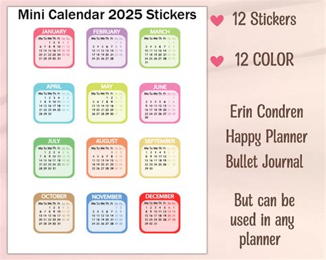 2025 Mini Calendar Planner Stickers/2025 Calendar Stickers/2025 Monthly ...