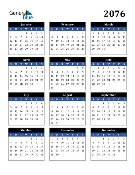 2076 Calendar (PDF, Word, Excel)