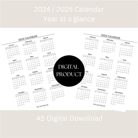 2024 2025 A5 Calendar Printable 2024 Calendar 2025 Calendar Year at a ...