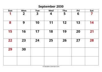 Download Editable Calendar September 2030, weeks start on Sunday
