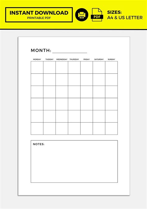 Blank Monthly Calendar Template - Etsy