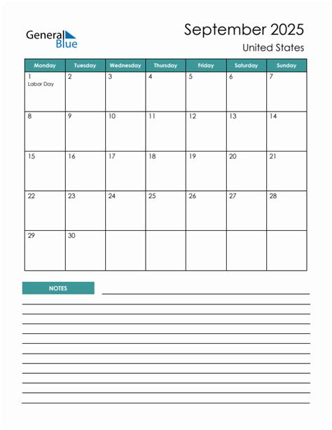 September 2025 - United States Monthly Calendar with Holidays