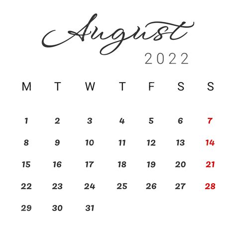 August Calendar Vector Hd Images, August 2022 Calendar Simple And ...