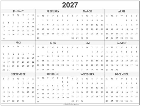 2027 year calendar | yearly printable