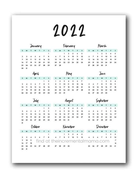 Calendar 2022 Printable One Page