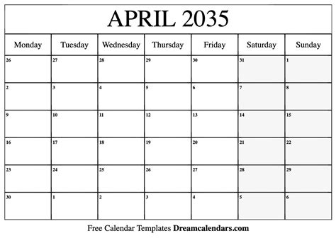 April 2035 Calendar - Free Printable with Holidays and Observances