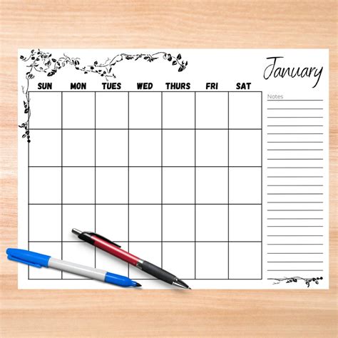 Printable Monthly Calendar With Simple Ivy Artwork and Notes Section ...