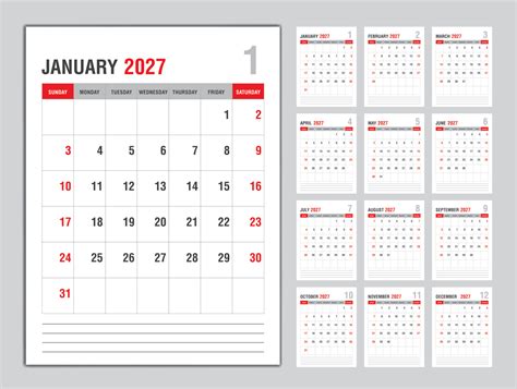 Monthly calendar template for 2027 year, Week Starts on sunday, Planner ...