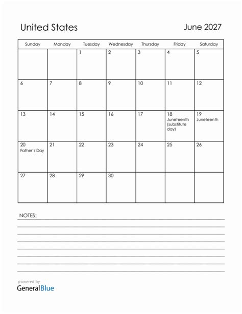 June 2027 Monthly Calendar with United States Holidays