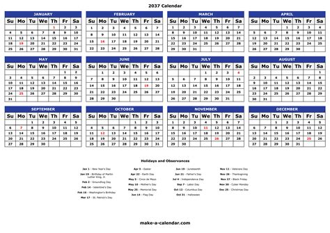 2037 Calendar - Free Yearly Printable