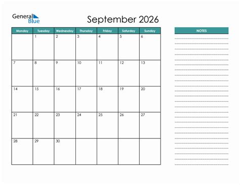 September 2026 Monday Start Calendar (PDF, Excel, Word)