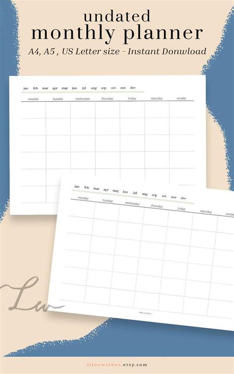 Monthly Planner Printable Undated Monthly Calendar Landscape - Etsy UK ...