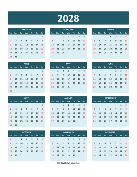 Free Printable Calendar 2028 (Word, PDF, Excel)