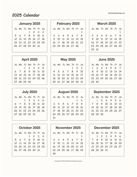 2025 One-Page Calendar - Enchanted Learning