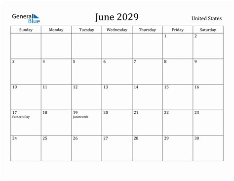 June 2029 Monthly Calendar with United States Holidays