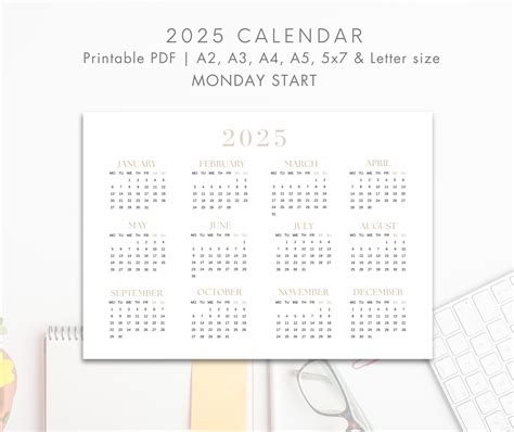 2025 Year Calendar Printable, MONDAY Start, Year Overview 2025, One ...