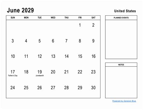 June 2029 Planner with United States Holidays