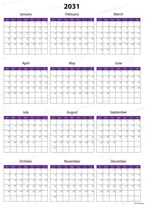 2031 Calendar Printable 1633 | Print-able.com
