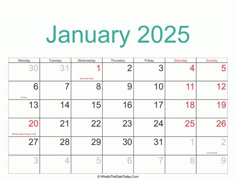 January 2025 Calendar Printable with Holidays | Whatisthedatetoday.Com