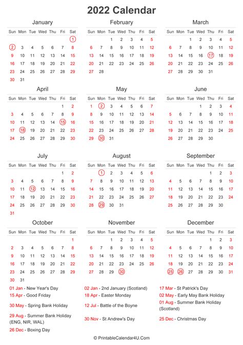 2022 Calendar with UK Bank Holidays at bottom (Portrait Layout)