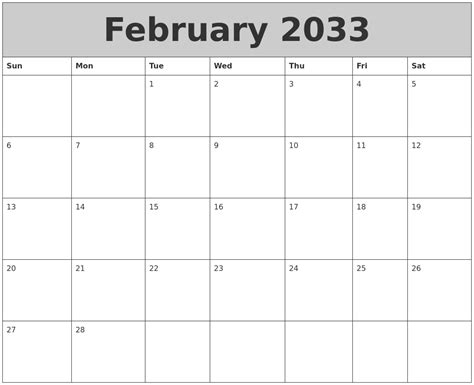 March 2033 Free Calendar Template