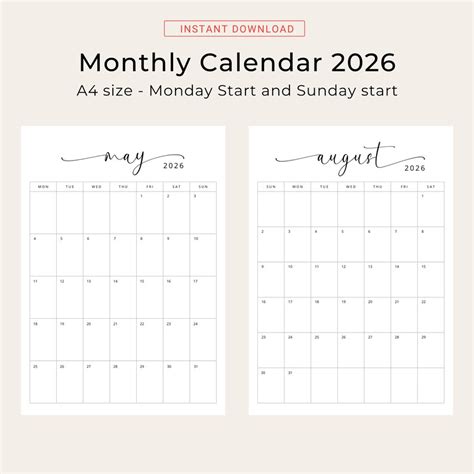 2026 Calendar 2026 Monthly Planner Vertical 2026 Elegant Monthly ...