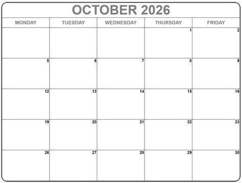 October 2026 Monday Calendar | Monday to Sunday