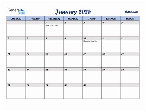January 2025 Monthly Calendar Template with Holidays for Bahamas