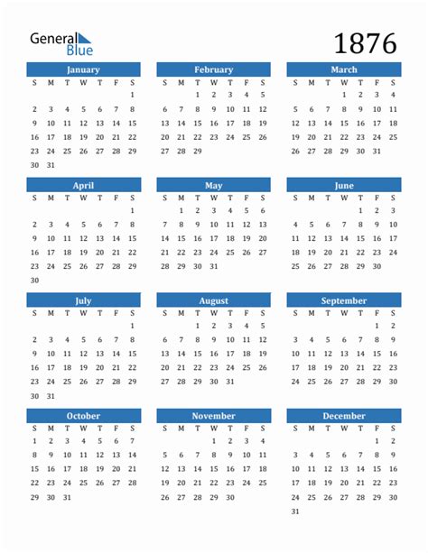 Free 1876 Calendars in PDF, Word, Excel