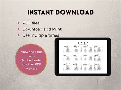 2025 Yearly Calendar Printable, Instant Download Wall Year at a Glance ...