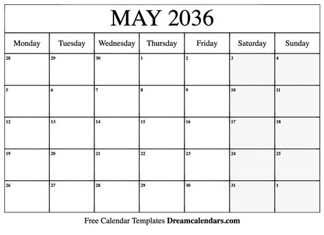 May 2036 Calendar - Free Printable with Holidays and Observances