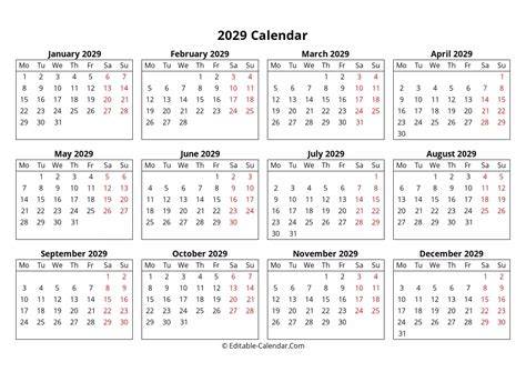 Download Editable Yearly Calendar 2029, Monday Start