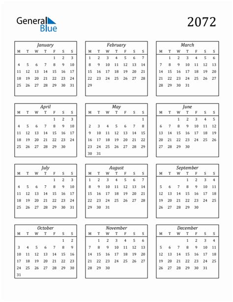2072 Yearly Calendar Templates with Monday Start