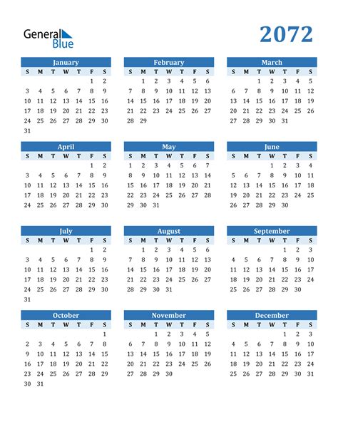 2072 Calendar (PDF, Word, Excel)