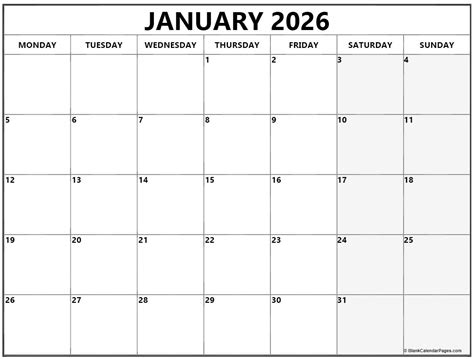 January 2026 Monday Calendar | Monday to Sunday