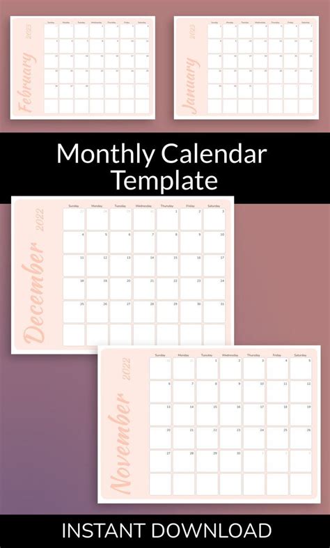 Monthly Calendar Template, Printable Calendar Monthly, Monthly Planner ...