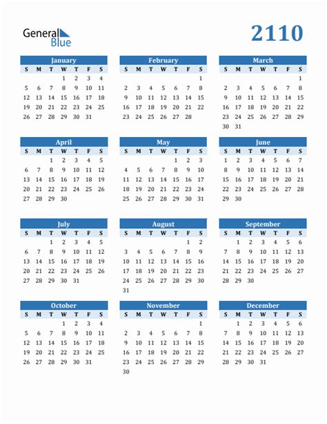 Free 2110 Calendars in PDF, Word, Excel