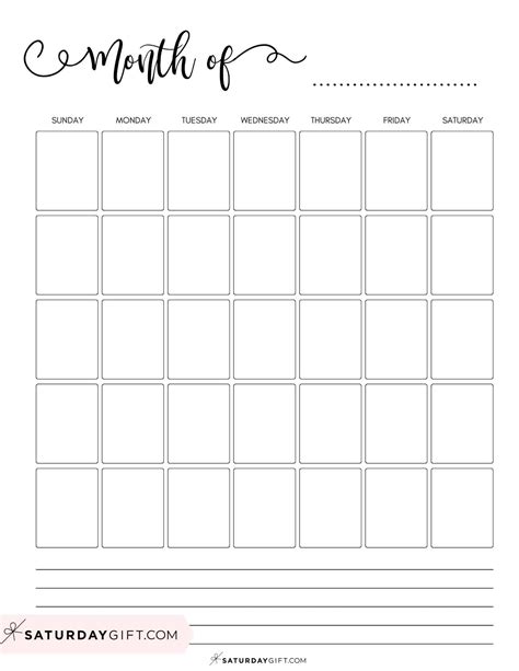 Blank Calendar templates - 29 Cute & Free Printables | SaturdayGift