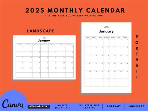 2026 Monthly Calendar Template Blank Calendar Canva - Etsy