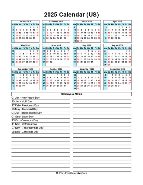 Download Printable Full Year Calendar 2025 With Usa Holidays Sunday ...