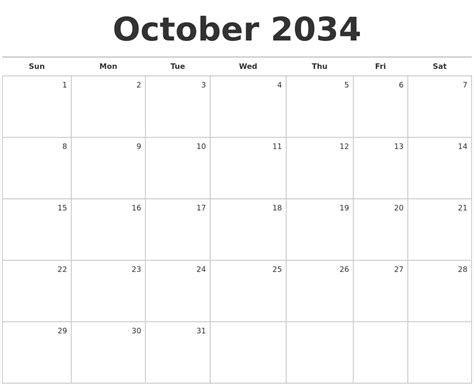 October 2034 Blank Monthly Calendar