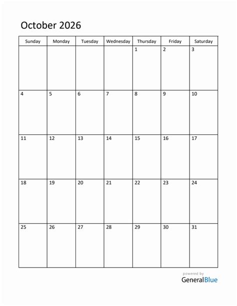 Editable October 2026 Monthly Calendar