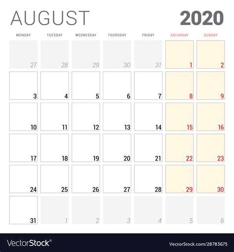 Calendar planner for august 2020 week starts Vector Image