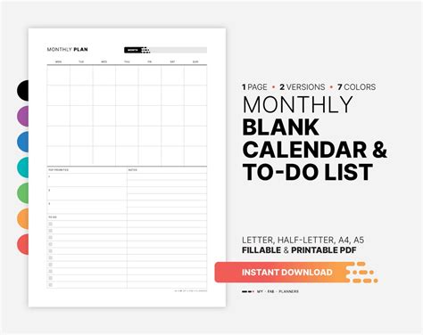Blank Monthly Calendar & to Do List, Undated Month At-a-glance Planner ...