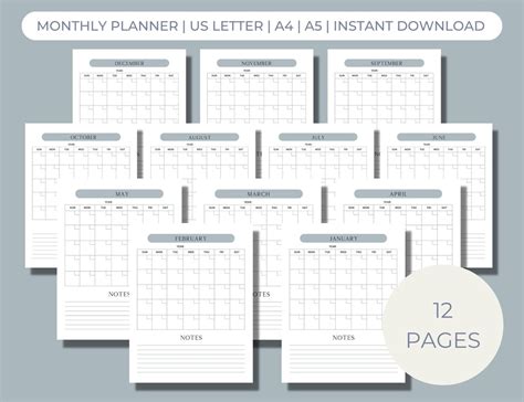 Printable Monthly Calendar, Printable Planner, Month at A Glance ...