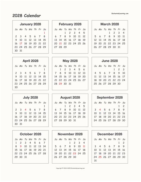 2028 One-Page Calendar - Enchanted Learning