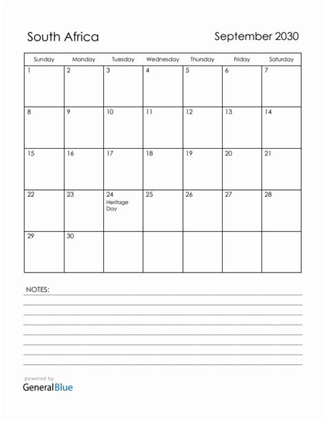 September 2030 Monthly Calendar with South Africa Holidays