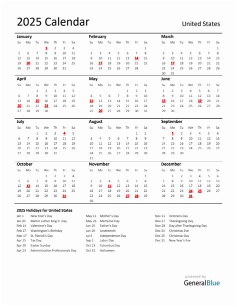 United States 2025 Calendar with Holidays