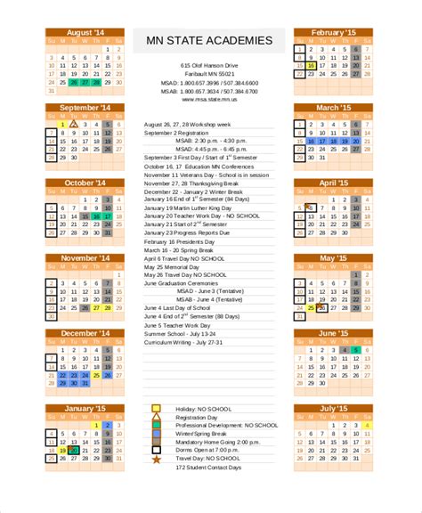 Academic Year Calendar Template